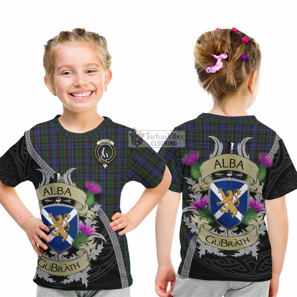 Tartan Vibes Clothing Fletcher Tartan Family Crest Kid T-Shirt Lion Rampant Royal Thistle Shield Celtic Inspired