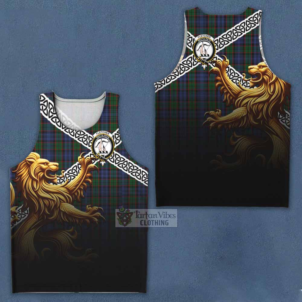 Tartan Vibes Clothing Fletcher Crest Tartan Men's Tank Top with Golden Lion Emblem Celtic Style