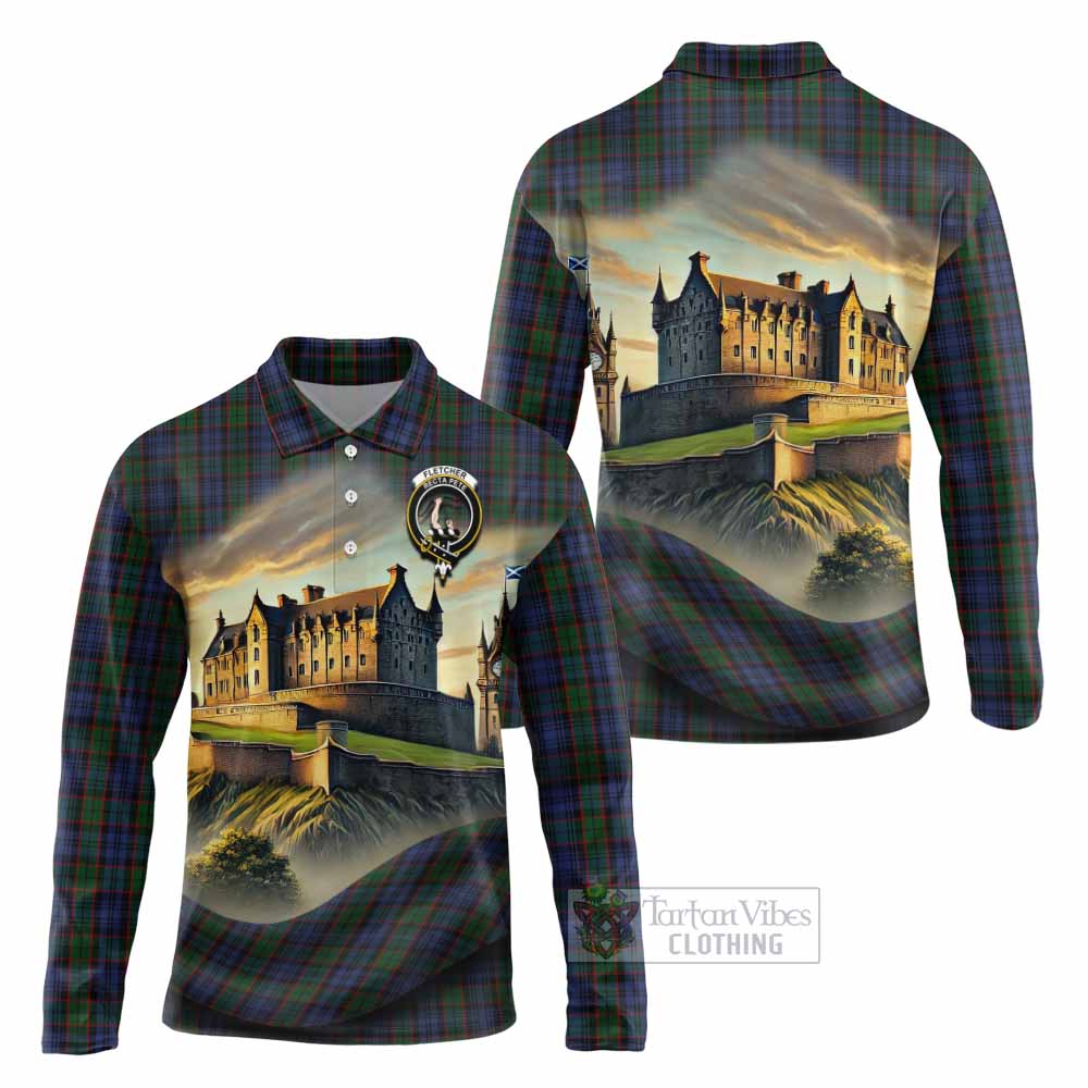 Tartan Vibes Clothing Fletcher Tartan Family Crest Long Sleeve Polo Shirt with Scottish Ancient Castle Style