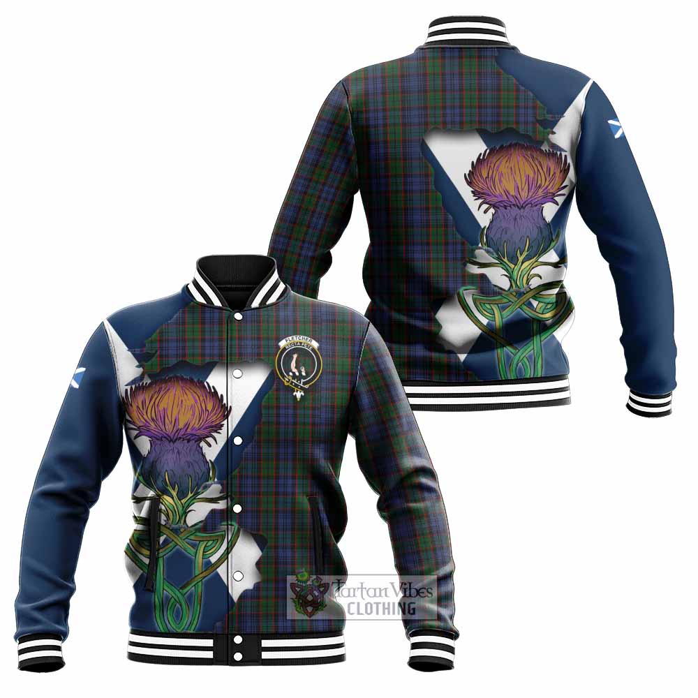 Tartan Vibes Clothing Fletcher Tartan Family Crest Baseball Jacket Scottish Thistle Celtic Inspired