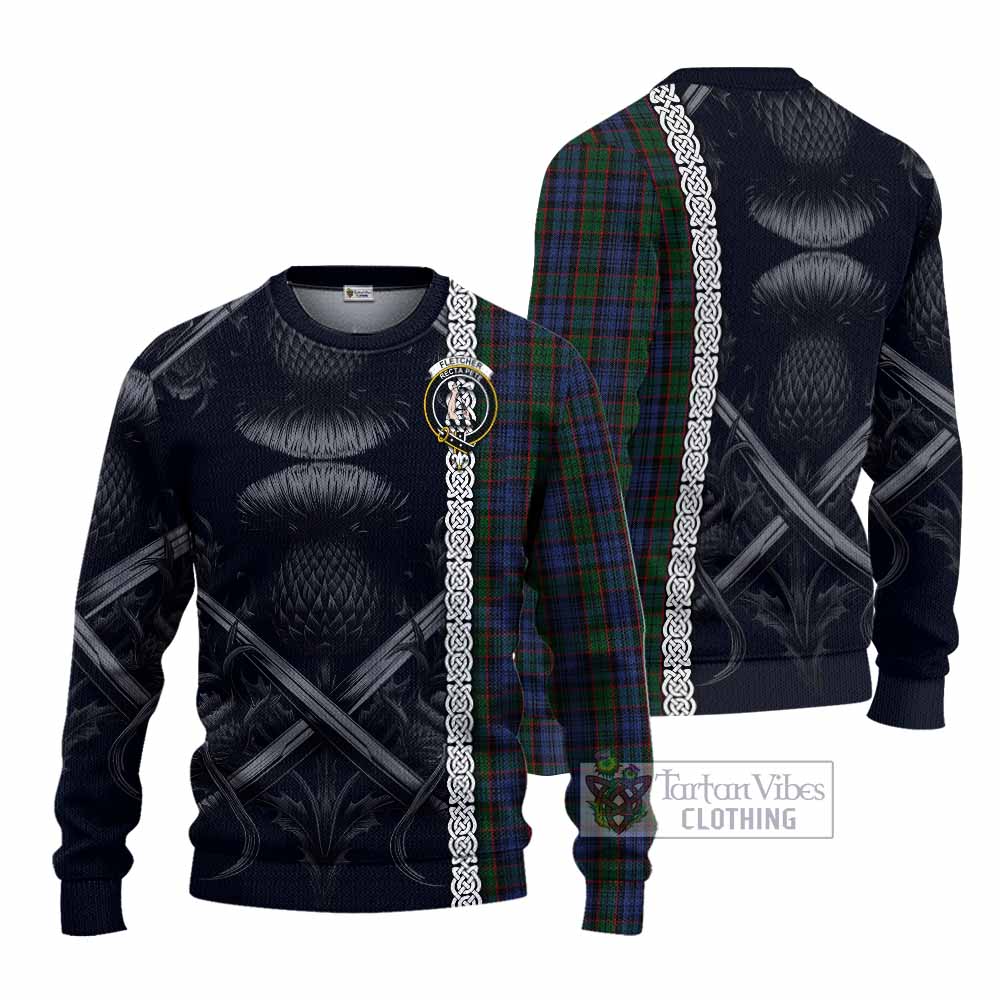 Tartan Vibes Clothing Fletcher Tartan Knitted Sweater with Family Crest Cross Sword Thistle Celtic Vibes