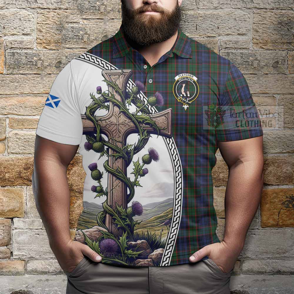 Tartan Vibes Clothing Fletcher Tartan Polo Shirt with Family Crest and St. Andrew's Cross Accented by Thistle Vines
