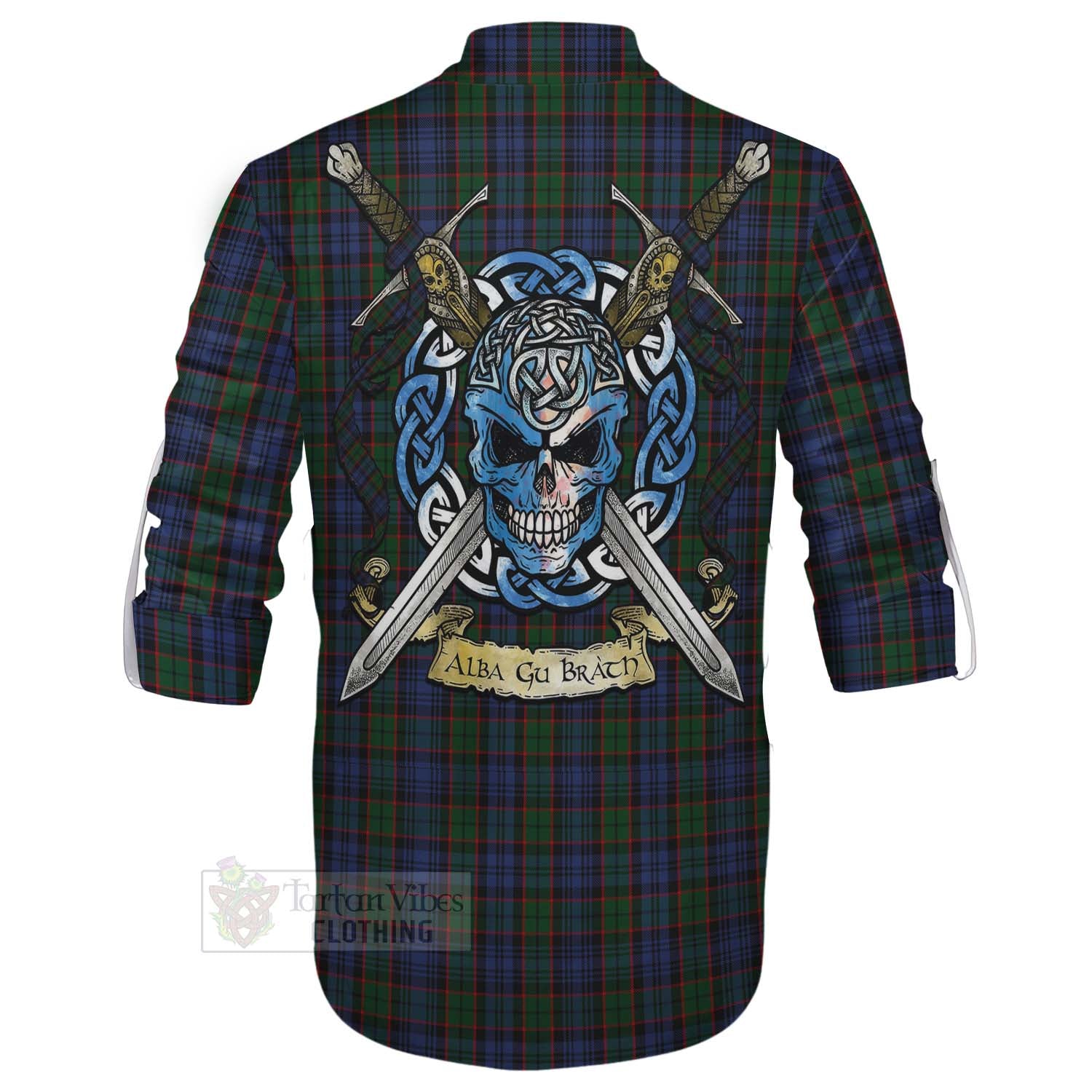 Tartan Vibes Clothing Fletcher Tartan Ghillie Kilt Shirt with Family Crest Celtic Skull Style