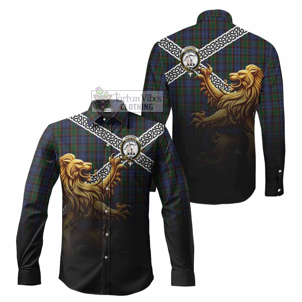 Tartan Vibes Clothing Fletcher Crest Tartan Long Sleeve Button Shirt with Golden Lion Emblem Celtic Style