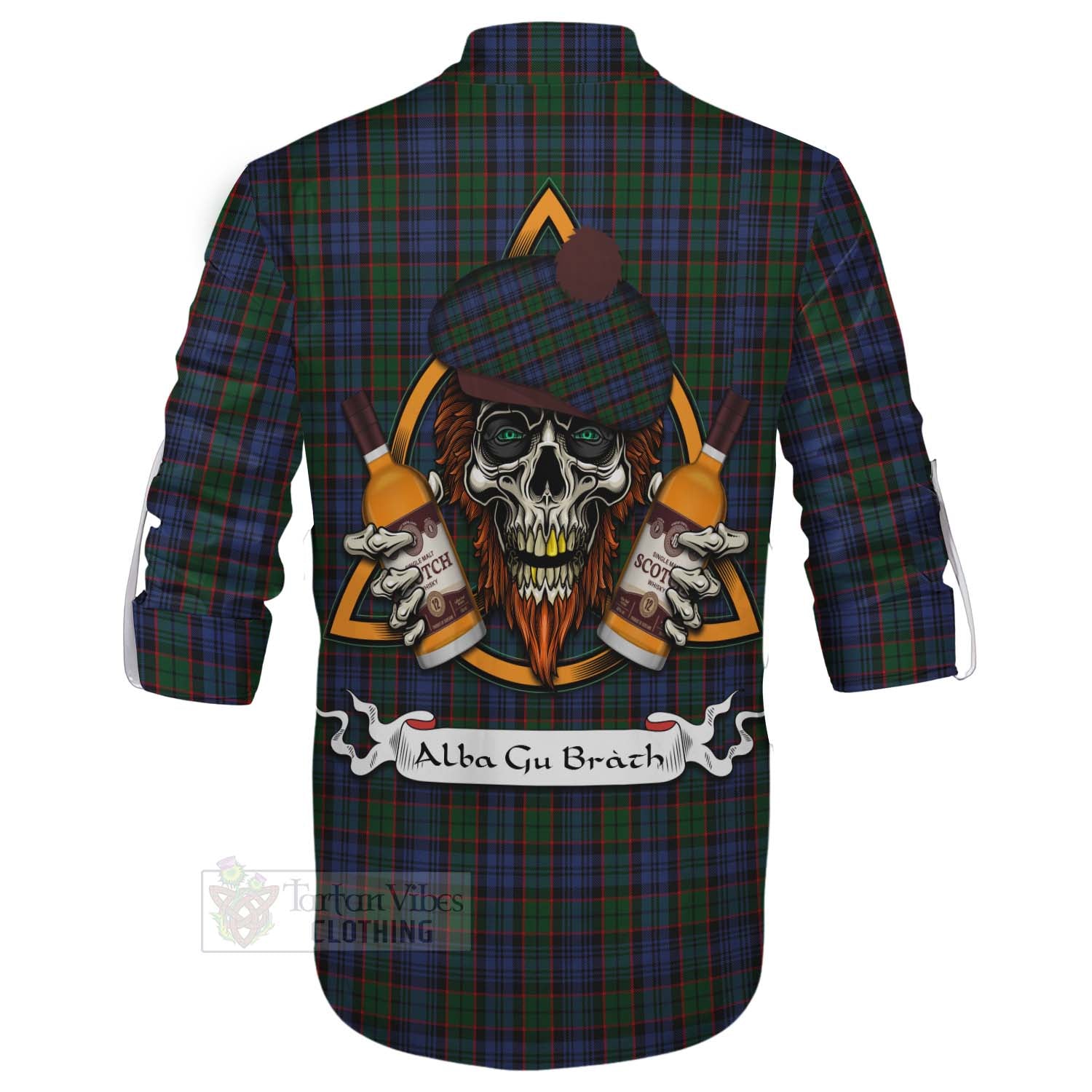 Tartan Vibes Clothing Fletcher Tartan Ghillie Kilt Shirt with Family Crest and Bearded Skull Holding Bottles of Whiskey