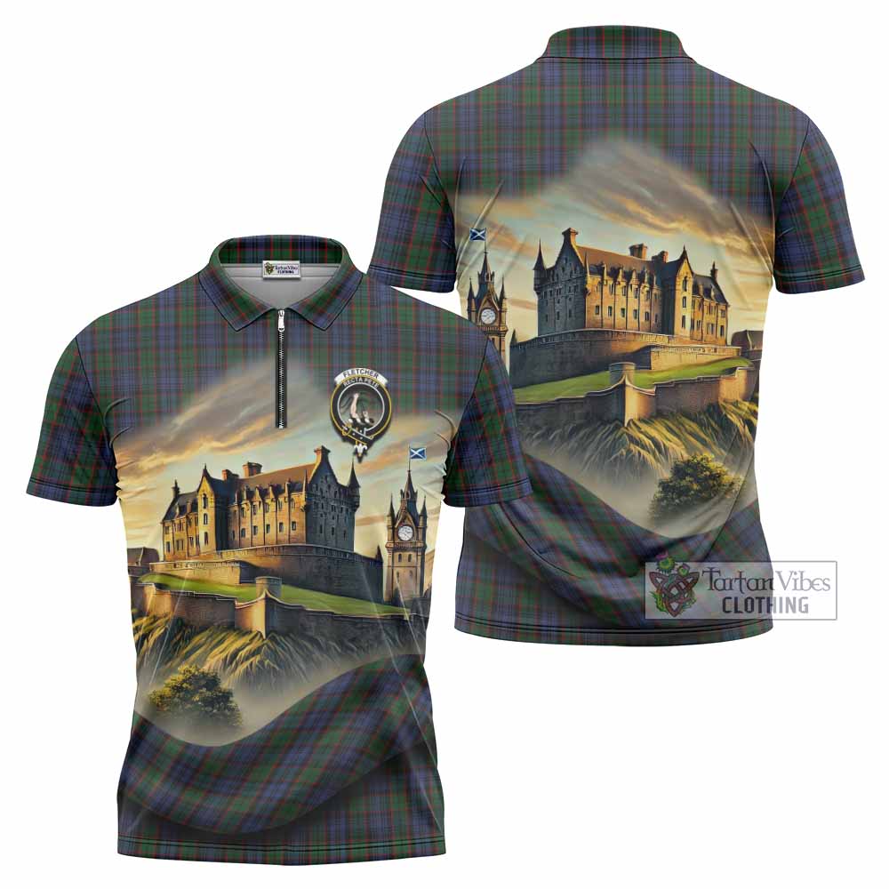 Tartan Vibes Clothing Fletcher Tartan Family Crest Zipper Polo Shirt with Scottish Ancient Castle Stype