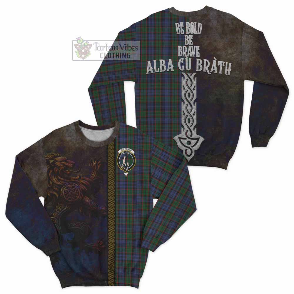 Tartan Vibes Clothing Fletcher Tartan Family Crest Sweatshirt Alba Gu Brath Be Brave Lion Ancient Style