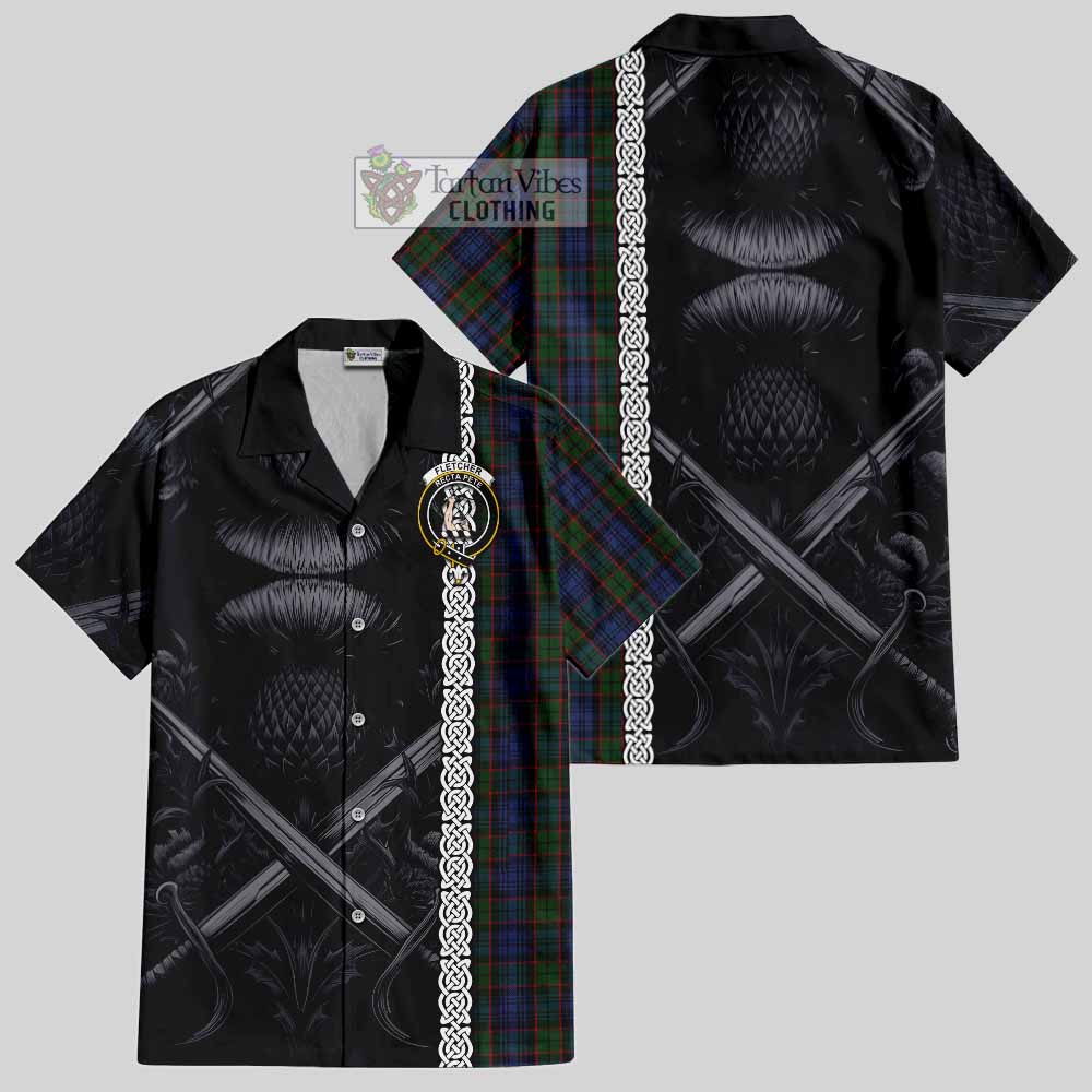Tartan Vibes Clothing Fletcher Tartan Short Sleeve Button Shirt with Family Crest Cross Sword Thistle Celtic Vibes