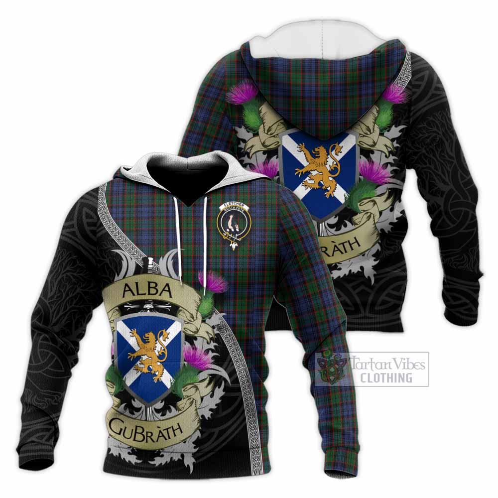 Tartan Vibes Clothing Fletcher Tartan Family Crest Knitted Hoodie Lion Rampant Royal Thistle Shield Celtic Inspired