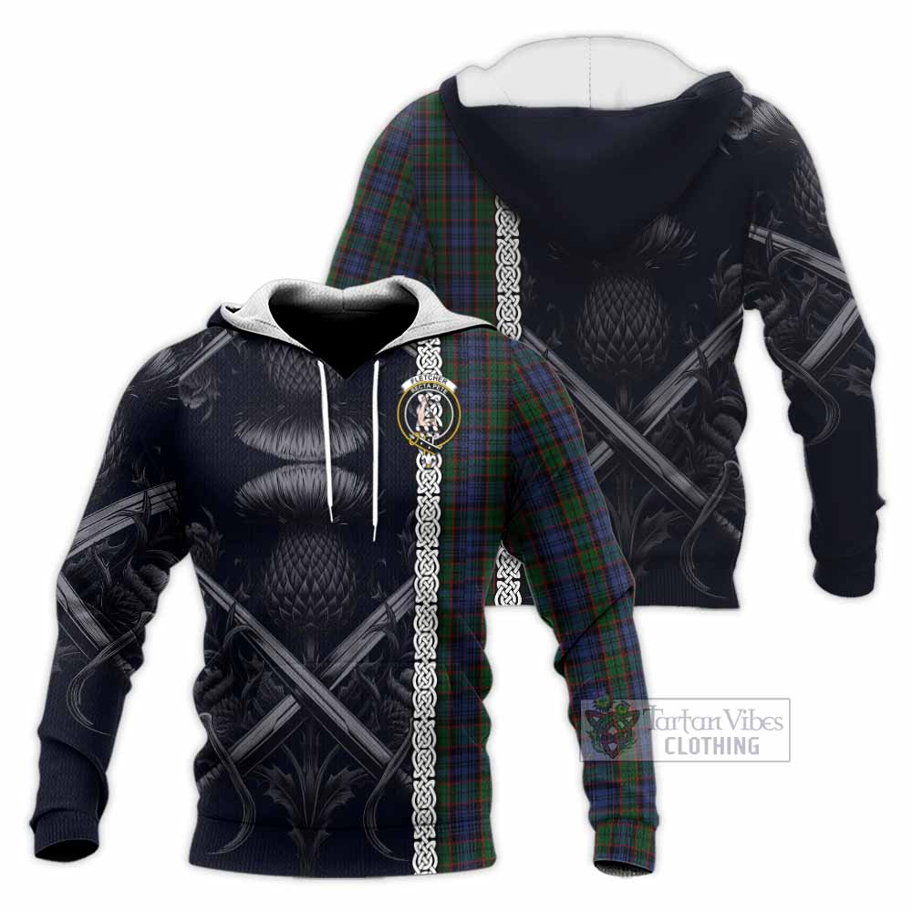 Tartan Vibes Clothing Fletcher Tartan Knitted Hoodie with Family Crest Cross Sword Thistle Celtic Vibes