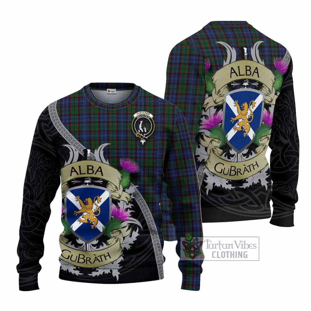 Tartan Vibes Clothing Fletcher Tartan Family Crest Knitted Sweater Lion Rampant Royal Thistle Shield Celtic Inspired