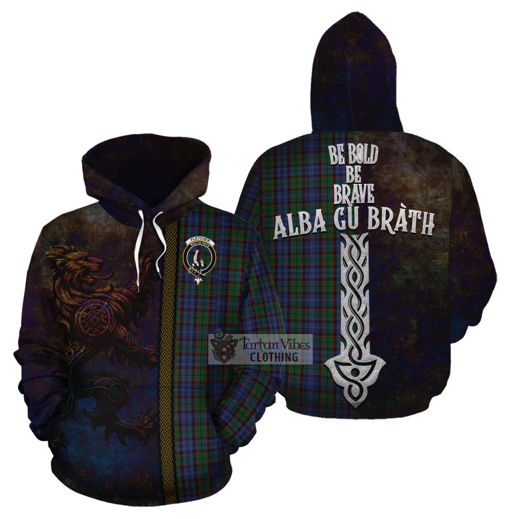 Tartan Vibes Clothing Fletcher Tartan Family Crest Cotton Hoodie Alba Gu Brath Be Brave Lion Ancient Style