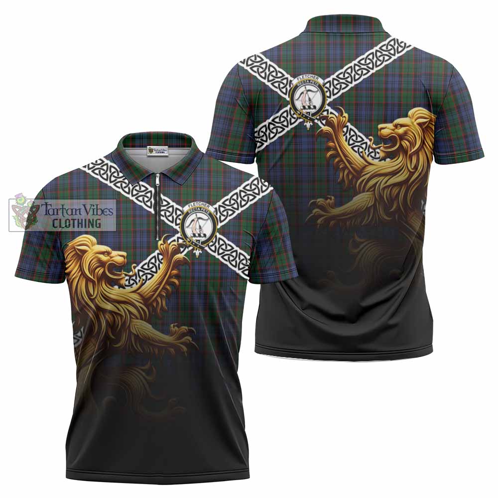 Tartan Vibes Clothing Fletcher Crest Tartan Zipper Polo Shirt with Golden Lion Emblem Celtic Style