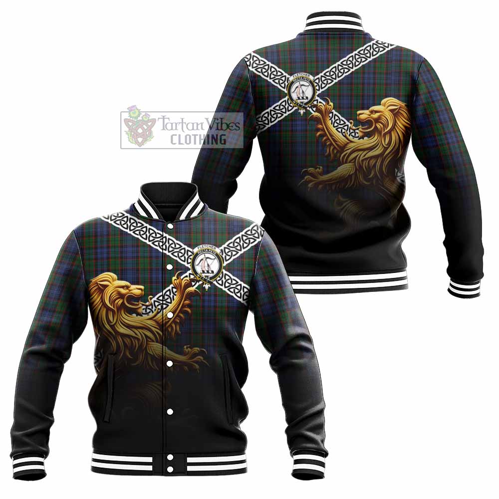 Tartan Vibes Clothing Fletcher Crest Tartan Baseball Jacket with Golden Lion Emblem Celtic Style