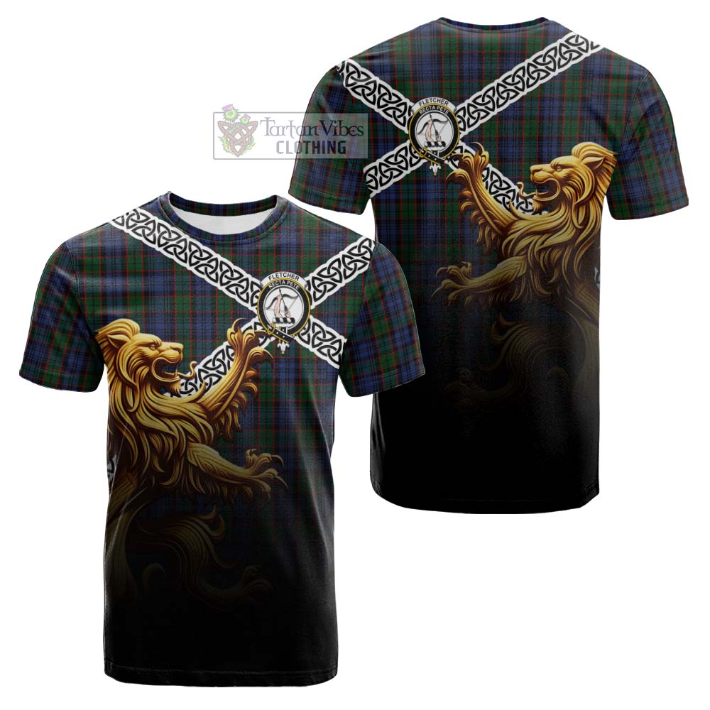 Tartan Vibes Clothing Fletcher Crest Tartan Cotton T-shirt with Golden Lion Emblem Celtic Style