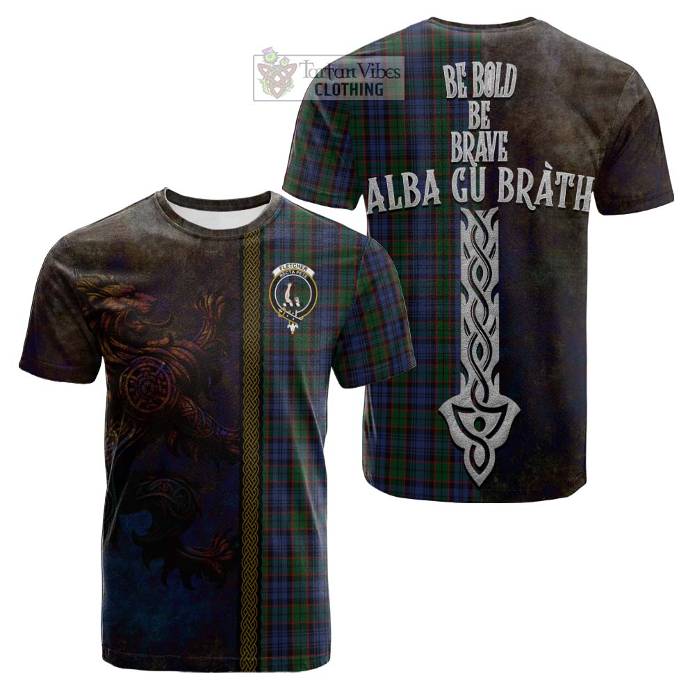Tartan Vibes Clothing Fletcher Tartan Family Crest Cotton T-shirt Alba Gu Brath Be Brave Lion Ancient Style
