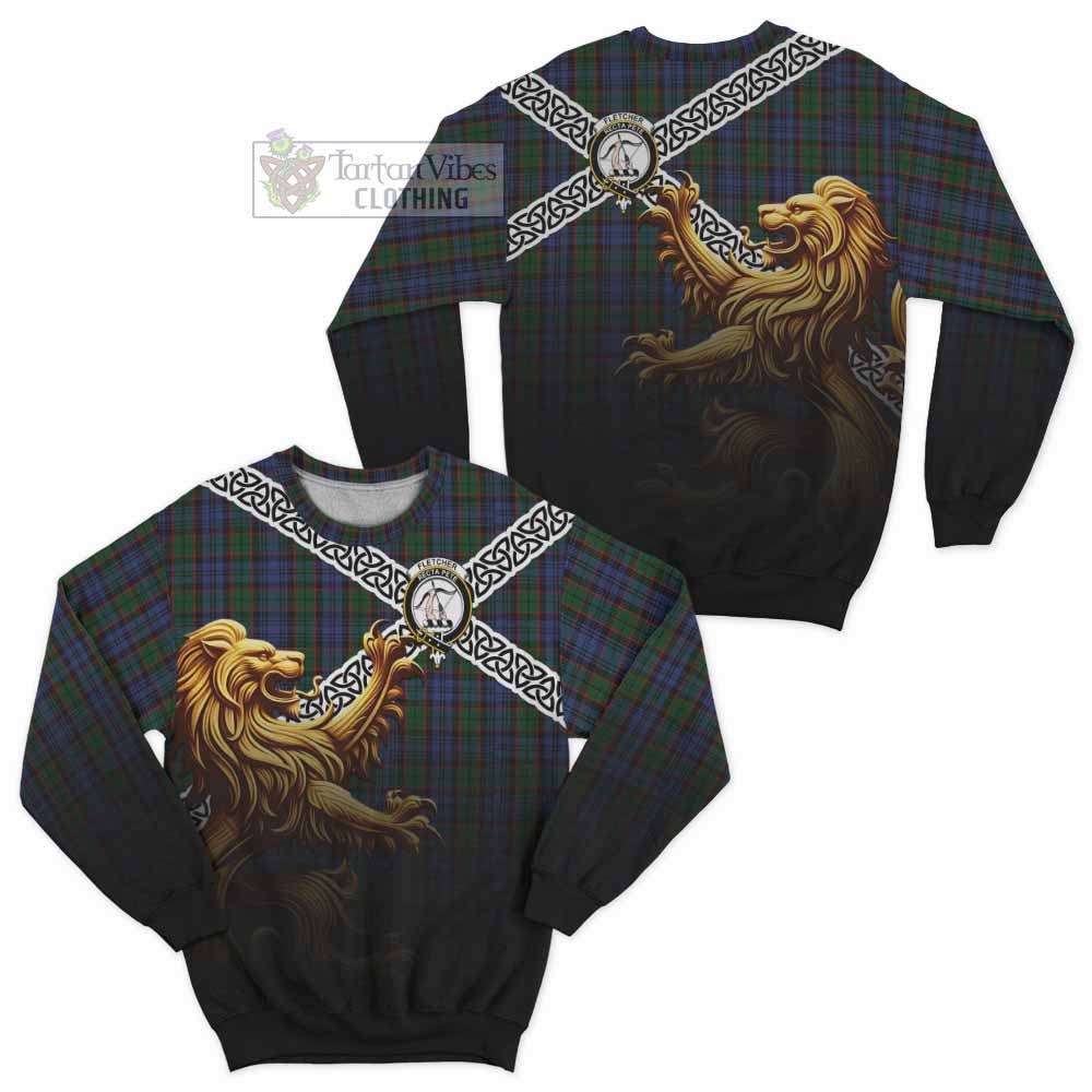 Tartan Vibes Clothing Fletcher Crest Tartan Sweatshirt with Golden Lion Emblem Celtic Style