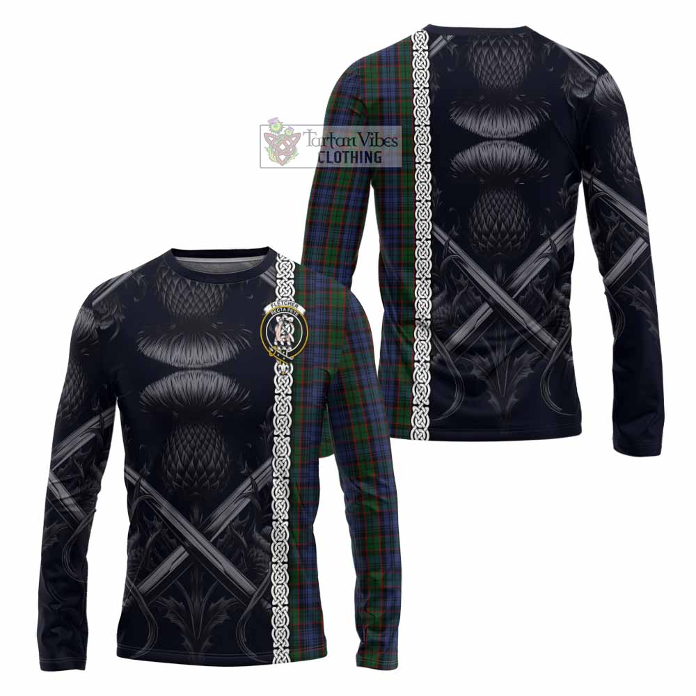 Tartan Vibes Clothing Fletcher Tartan Long Sleeve T-Shirt with Family Crest Cross Sword Thistle Celtic Vibes