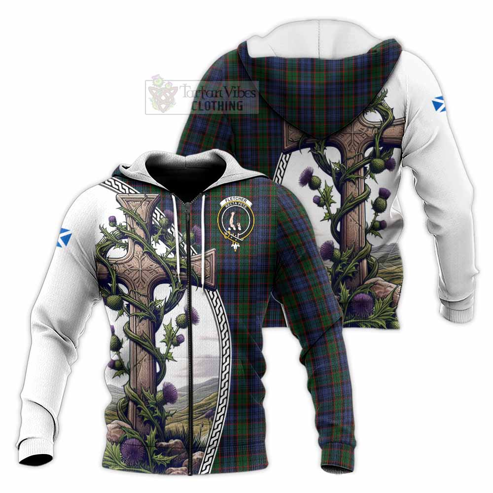 Tartan Vibes Clothing Fletcher Tartan Knitted Hoodie with Family Crest and St. Andrew's Cross Accented by Thistle Vines