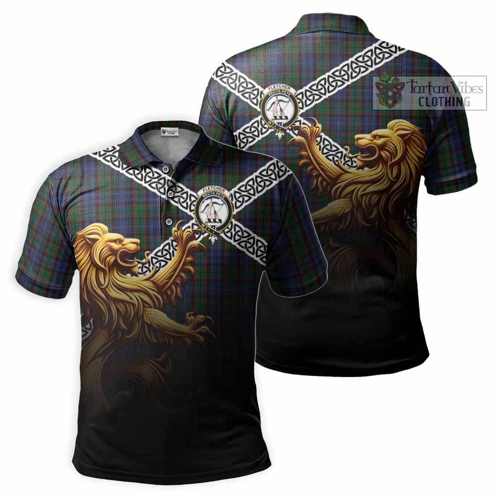Fletcher Crest Tartan Polo Shirt with Golden Lion Emblem Celtic Style - Tartan Vibes Clothing