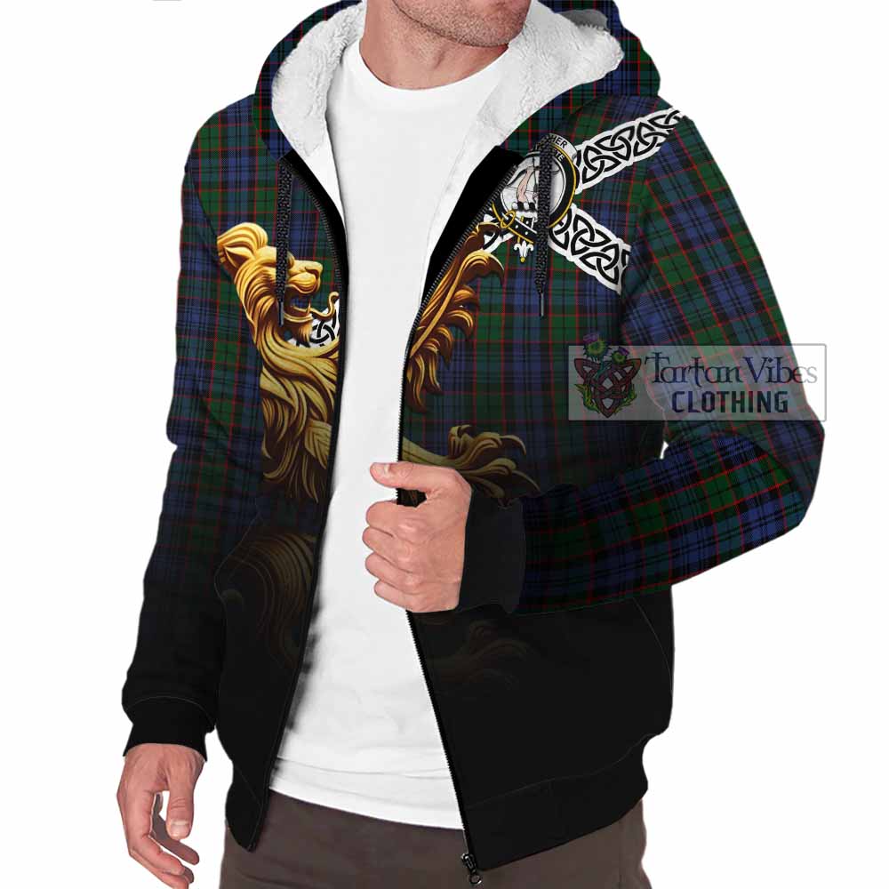 Fletcher Crest Tartan Sherpa Hoodie with Golden Lion Emblem Celtic Style - Tartan Vibes Clothing