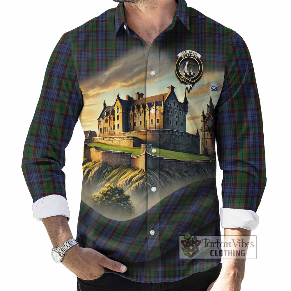 Tartan Vibes Clothing Fletcher Tartan Family Crest Long Sleeve Button Shirt with Scottish Ancient Castle Style