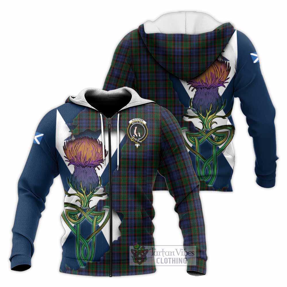 Tartan Vibes Clothing Fletcher Tartan Family Crest Knitted Hoodie Scottish Thistle Celtic Inspired