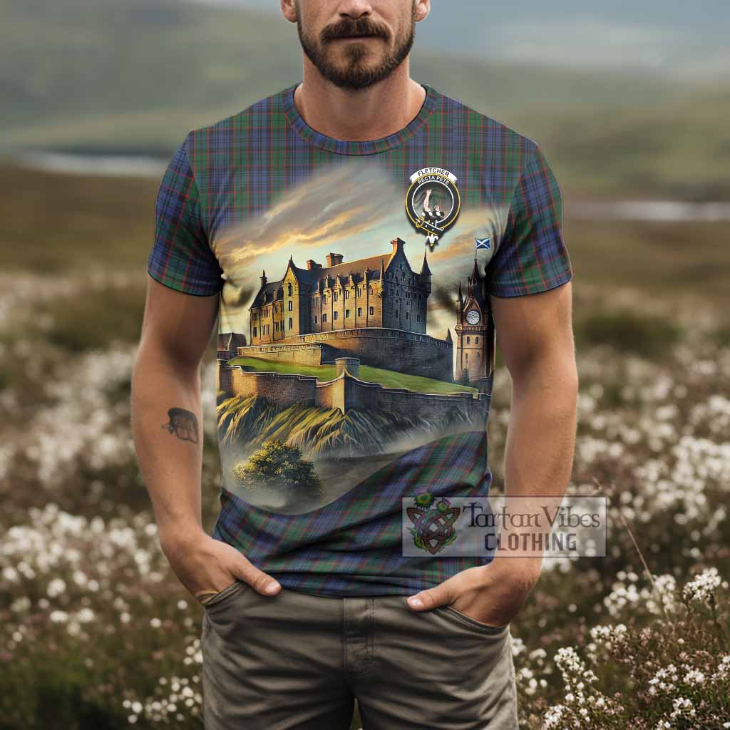 Tartan Vibes Clothing Fletcher Tartan Family Crest T-Shirt with Scottish Ancient Castle Stype
