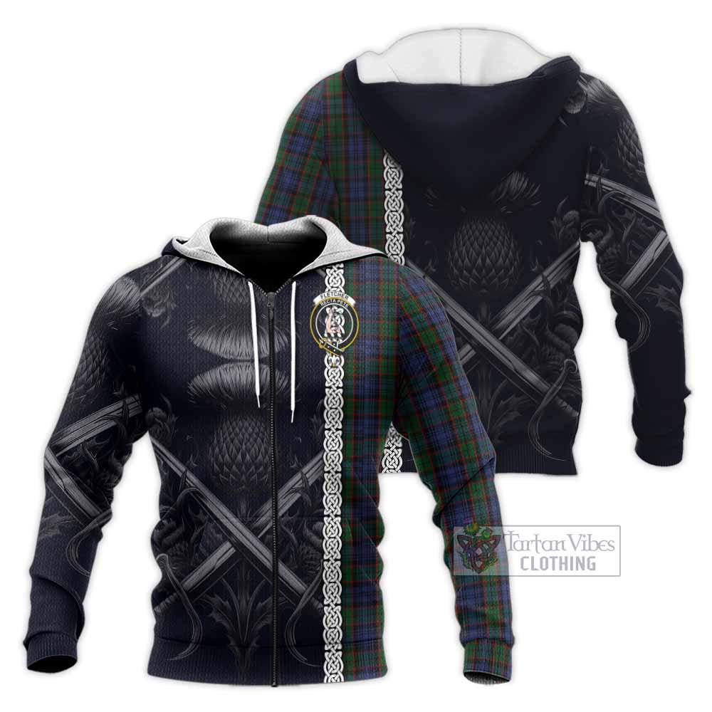 Tartan Vibes Clothing Fletcher Tartan Knitted Hoodie with Family Crest Cross Sword Thistle Celtic Vibes