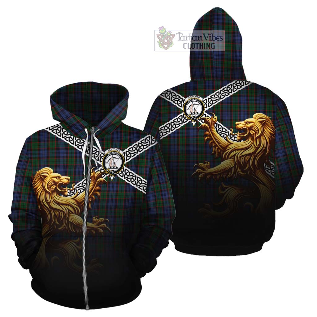 Tartan Vibes Clothing Fletcher Crest Tartan Cotton Hoodie with Golden Lion Emblem Celtic Style