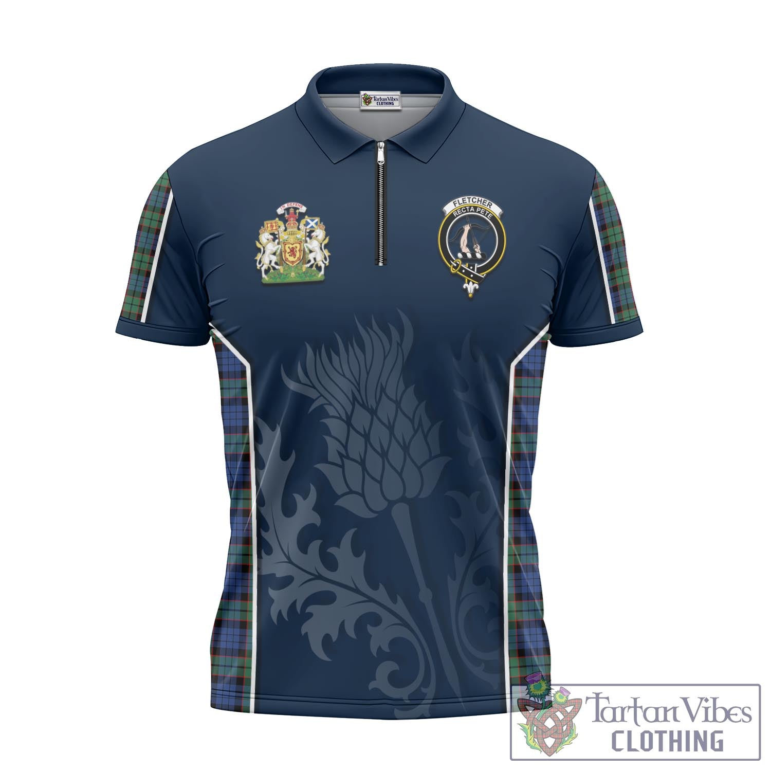 Tartan Vibes Clothing Fletcher Ancient Tartan Zipper Polo Shirt with Family Crest and Scottish Thistle Vibes Sport Style