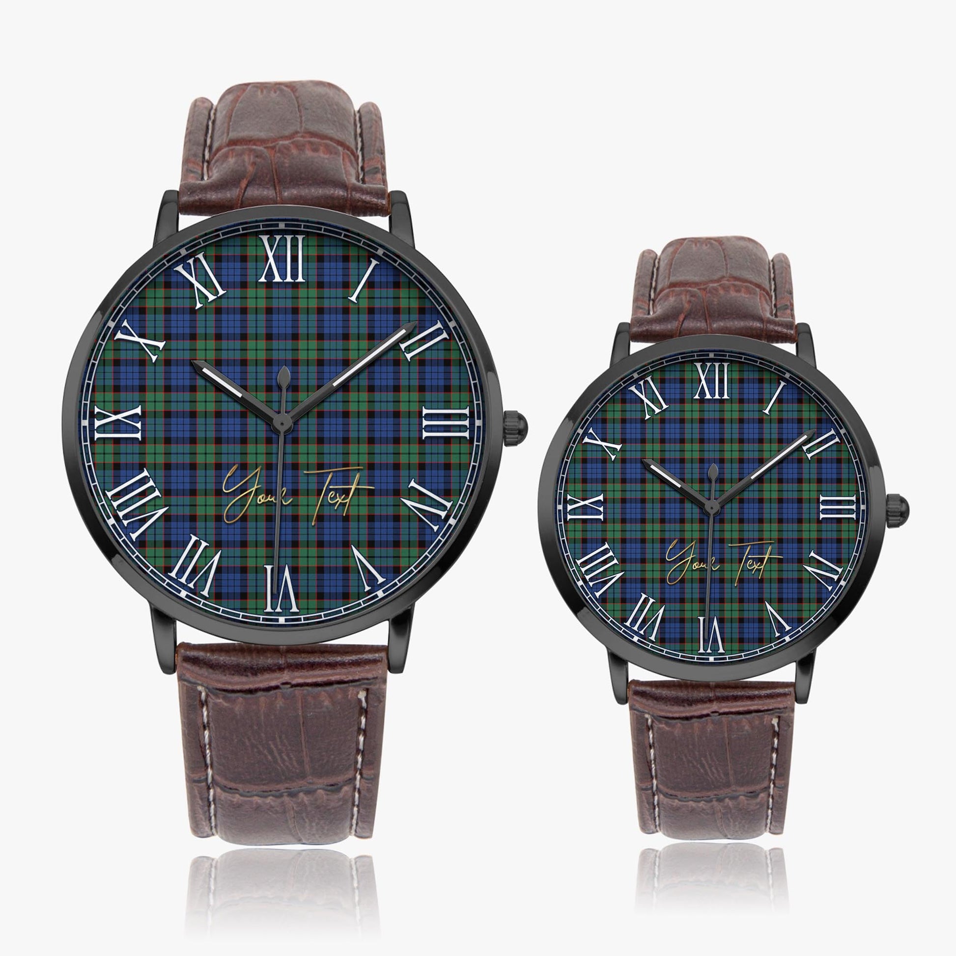 Fletcher Ancient Tartan Personalized Your Text Leather Trap Quartz Watch Ultra Thin Black Case With Brown Leather Strap - Tartanvibesclothing