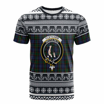 Fletcher Clan Tartan Christmas Cotton T-shirt with Family Crest