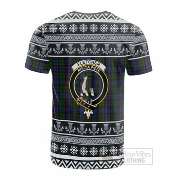 Fletcher Clan Tartan Christmas Cotton T-shirt with Family Crest