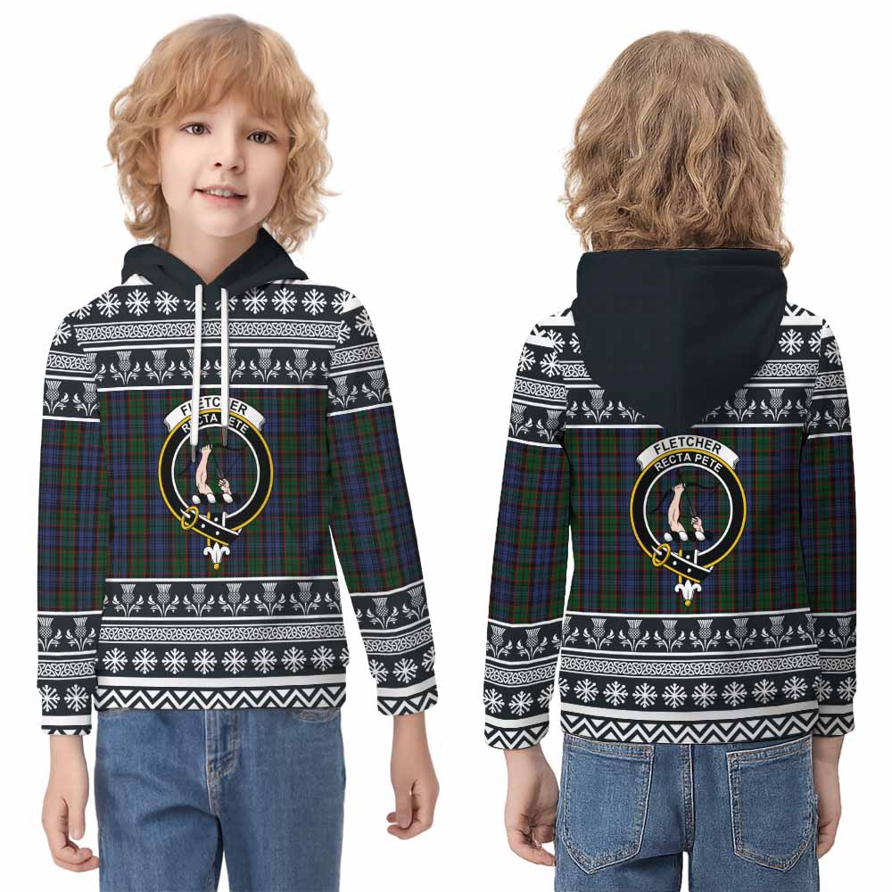 Fletcher Clan Tartan Christmas Kid Hoodie with Family Crest - Tartan Vibes Clothing