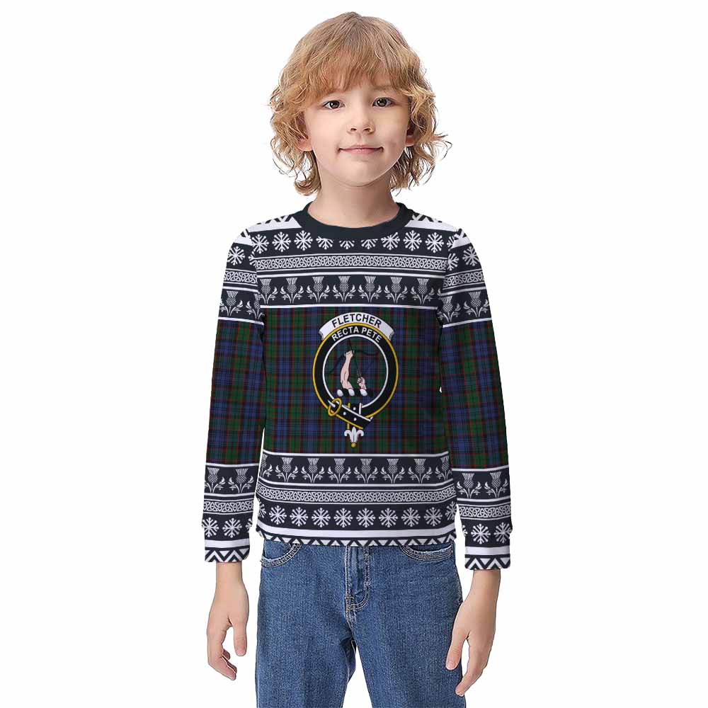 Fletcher Clan Tartan Christmas Kid Ugly Sweatshirt with Family Crest - Tartan Vibes Clothing