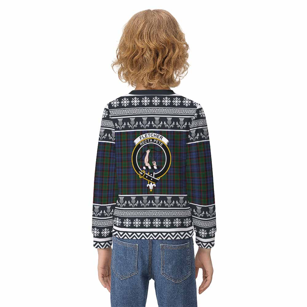 Fletcher Clan Tartan Christmas Kid Ugly Sweatshirt with Family Crest - Tartan Vibes Clothing
