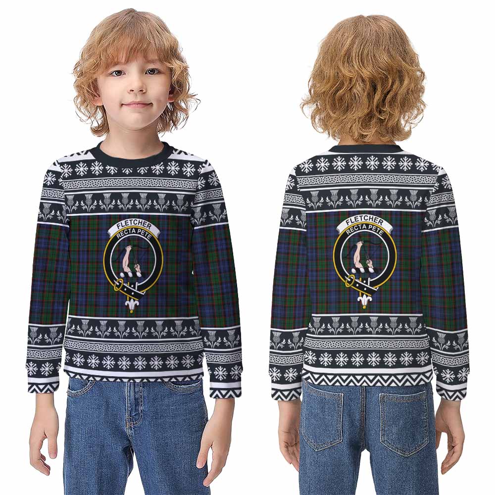 Fletcher Clan Tartan Christmas Kid Ugly Sweatshirt with Family Crest - Tartan Vibes Clothing