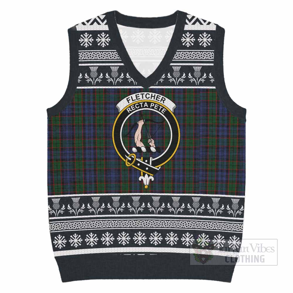 Fletcher Clan Tartan Christmas Knitted V-Neck Vest with Family Crest - Tartan Vibes Clothing
