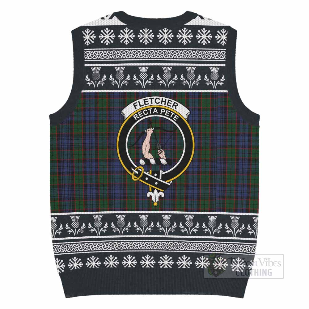 Fletcher Clan Tartan Christmas Knitted V-Neck Vest with Family Crest - Tartan Vibes Clothing