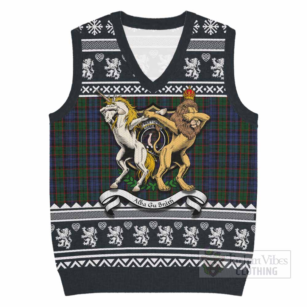 Fletcher Clan Tartan Crest Christmas Knitted V-Neck Vest Coat of Arms Funny Style - Tartan Vibes Clothing