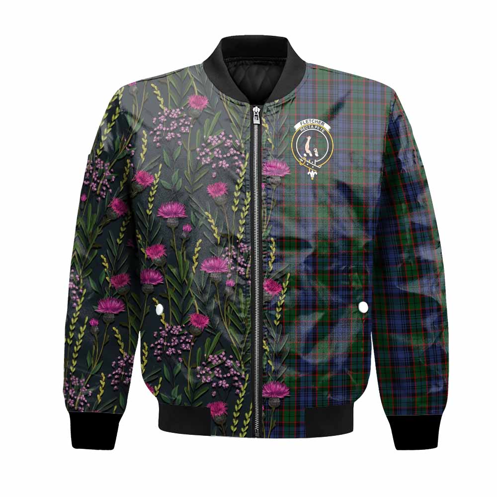 Fletcher Family Crest Tartan Bomber Jacket Scottish Thistle Flower Pattern Half Style - Tartan Vibes Clothing