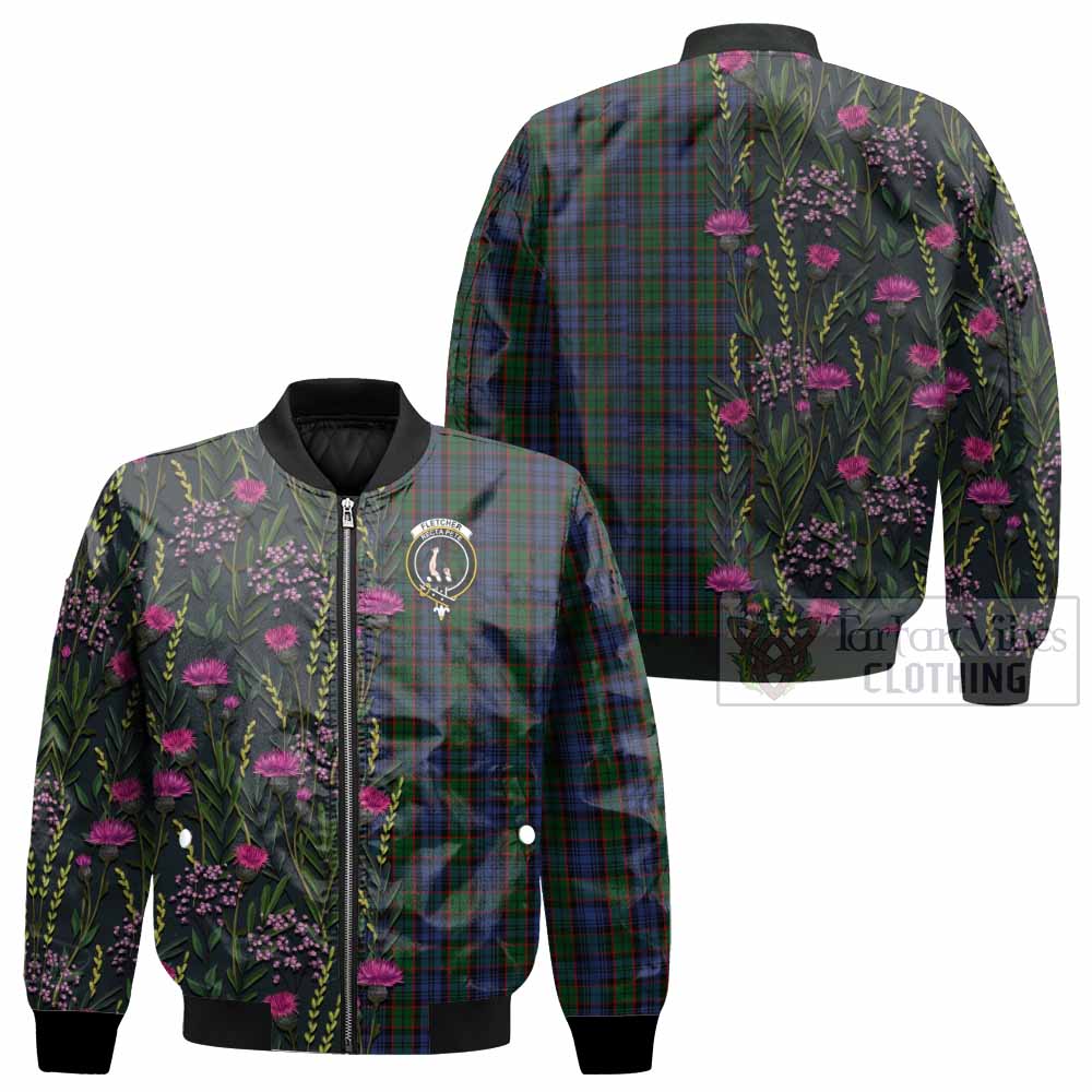Fletcher Family Crest Tartan Bomber Jacket Scottish Thistle Flower Pattern Half Style - Tartan Vibes Clothing