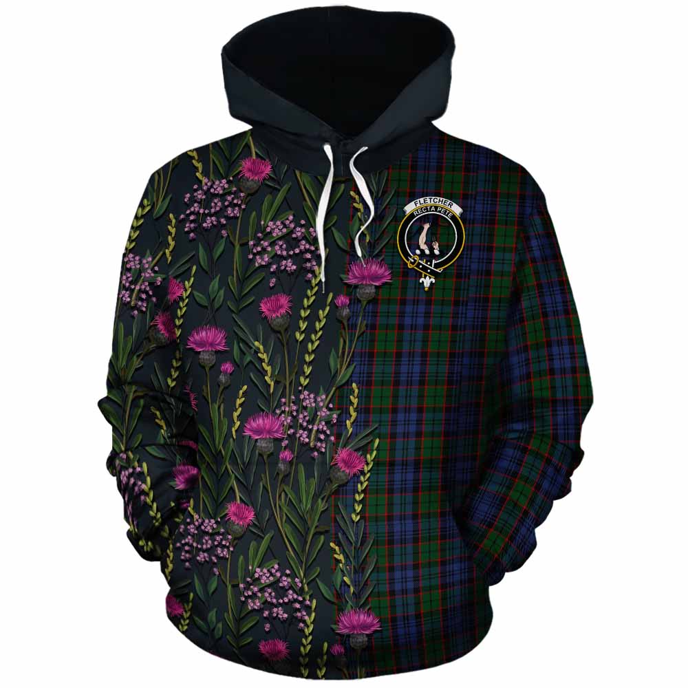 Fletcher Family Crest Tartan Cotton Hoodie Scottish Thistle Flower Pattern Half Style - Tartan Vibes Clothing