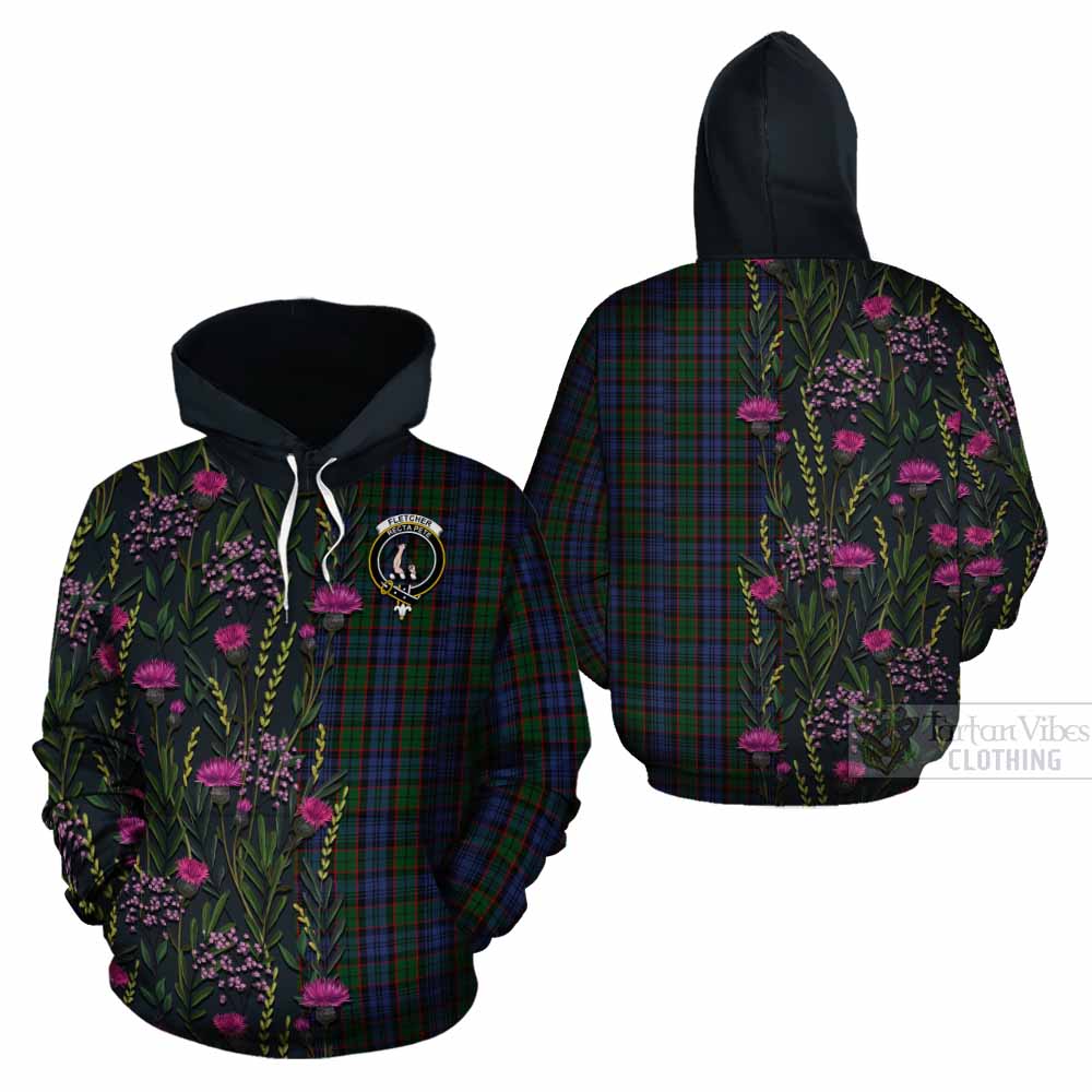 Fletcher Family Crest Tartan Cotton Hoodie Scottish Thistle Flower Pattern Half Style - Tartan Vibes Clothing