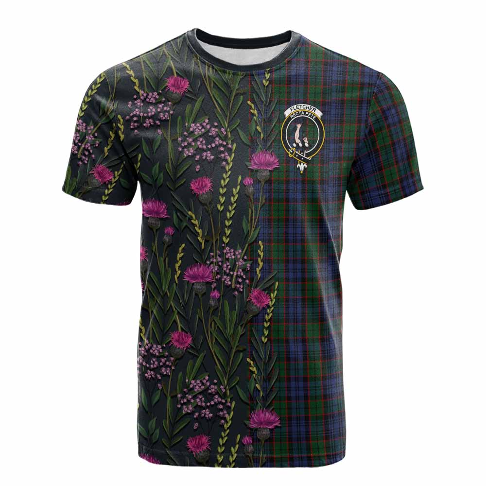 Fletcher Family Crest Tartan Cotton T-shirt Scottish Thistle Flower Pattern Half Style - Tartan Vibes Clothing