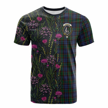 Fletcher Family Crest Tartan Cotton T-shirt Scottish Thistle Flower Pattern Half Style