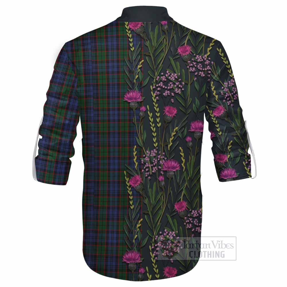 Fletcher Family Crest Tartan Ghillie Shirt Scottish Thistle Flower Pattern Half Style - Tartan Vibes Clothing