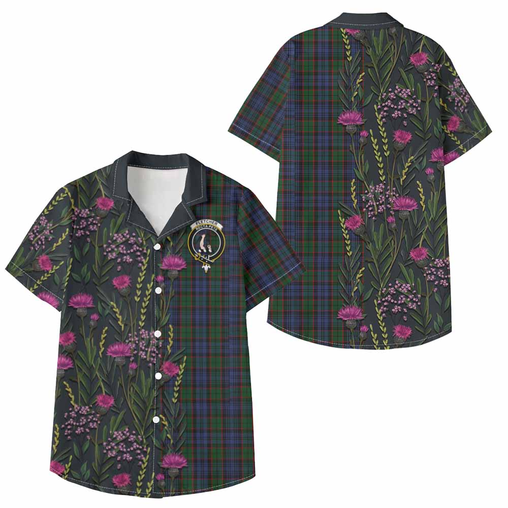Fletcher Family Crest Tartan Kid Hawaiian Shirt Scottish Thistle Flower Pattern Half Style - Tartan Vibes Clothing