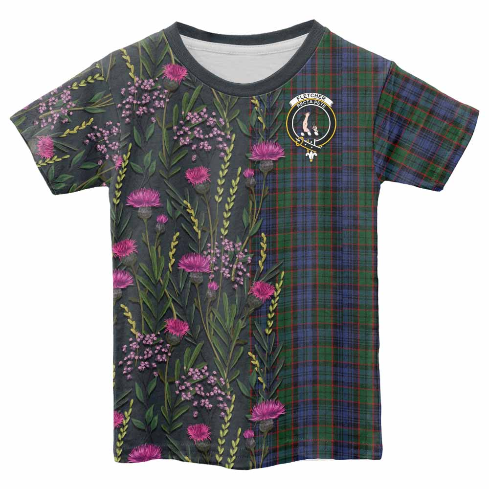 Fletcher Family Crest Tartan Kid T-shirt Scottish Thistle Flower Pattern Half Style - Tartan Vibes Clothing